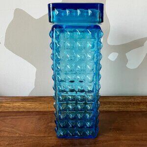 Pier 1 Blue Bubble Glass Tall Kitchen Canister Storage Container Hobnail Retro